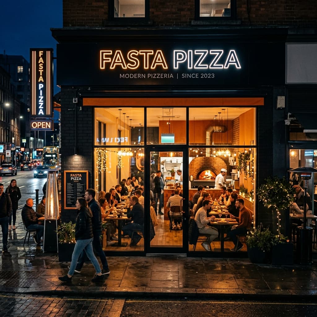 Bustling Fasta Pizza modern artisanal pizzeria outlet packed with diners